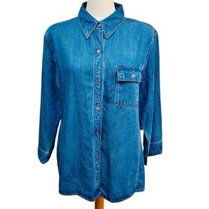 NEW Kate Hill Casual Tencel Denim Button Down Shirt with Pocket Women's Size XL